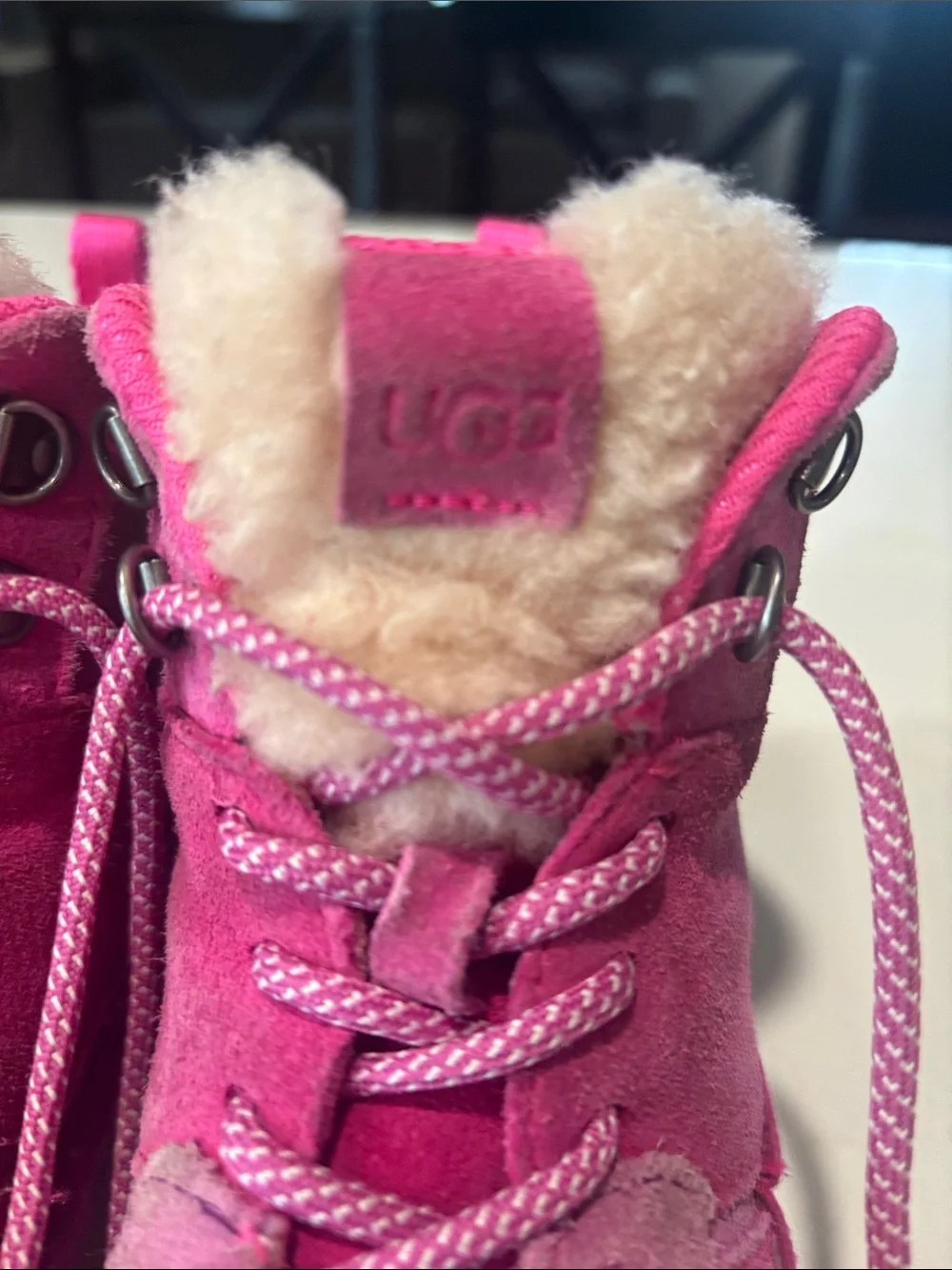 UGG Kids Hot Pink Suede Shearling-Lined Lace-Up Boots